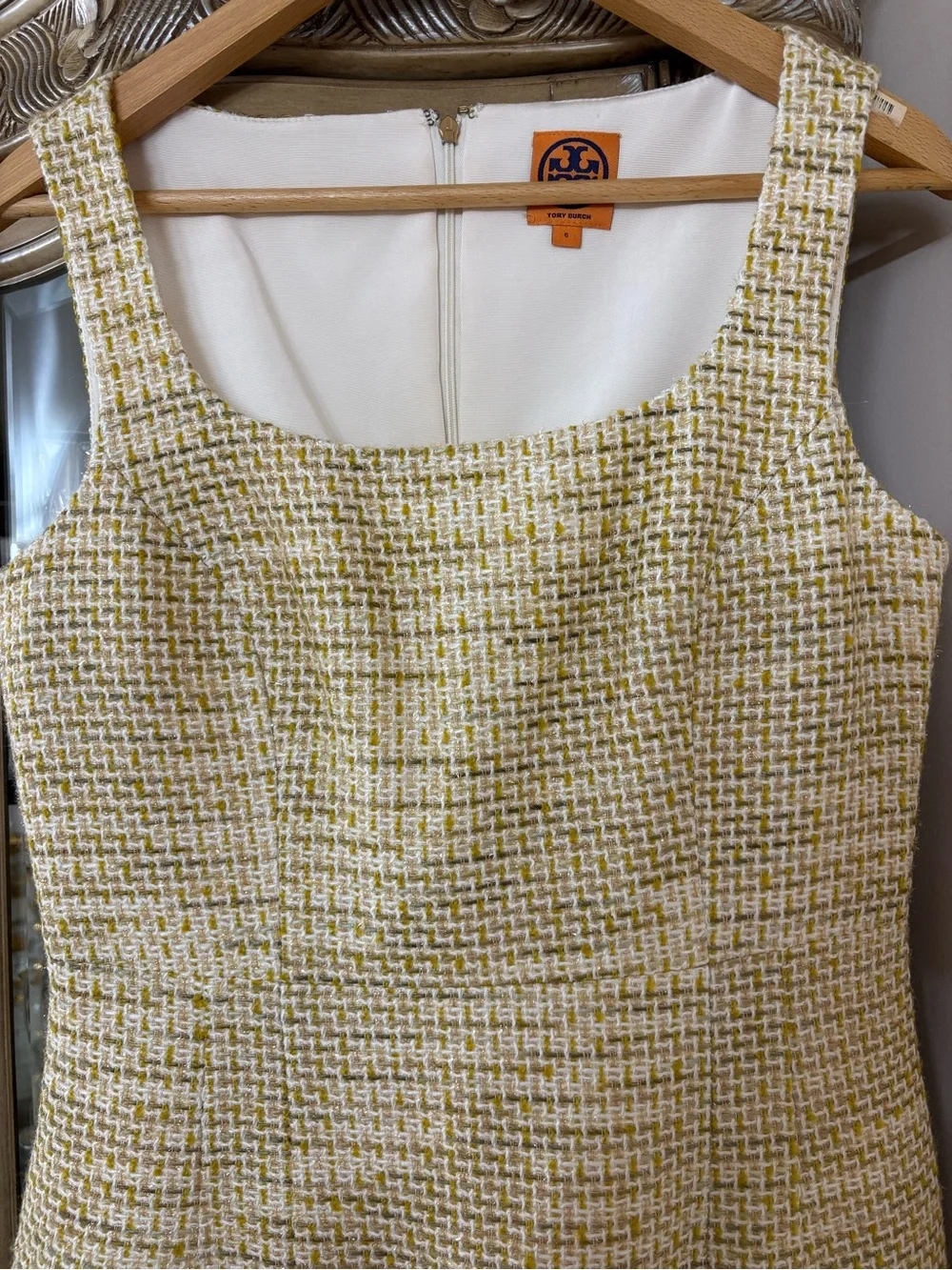 Tory Burch Tweed Sheath Dress Yellow White Sleeveless Size 6 Classic Chic